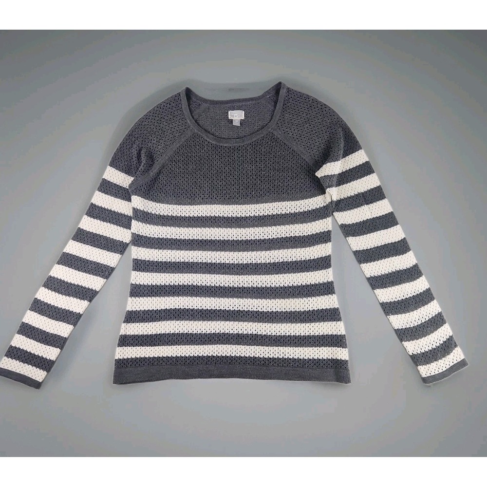 Converse One Star Sweater Womens M Gray White Striped Open Knit Pullover Raglan
